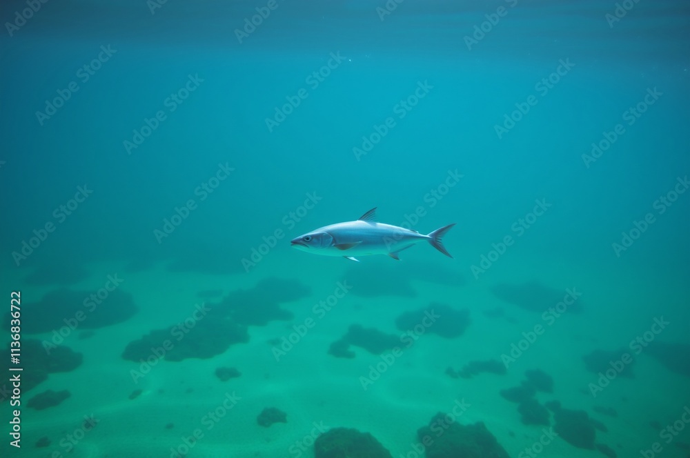 Fototapeta premium Serene Underwater Scene Featuring a Majestic Fish Swimming Above the Ocean Floor