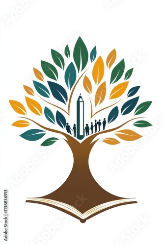 Colorful tree logo design with people silhouettes for community and growth