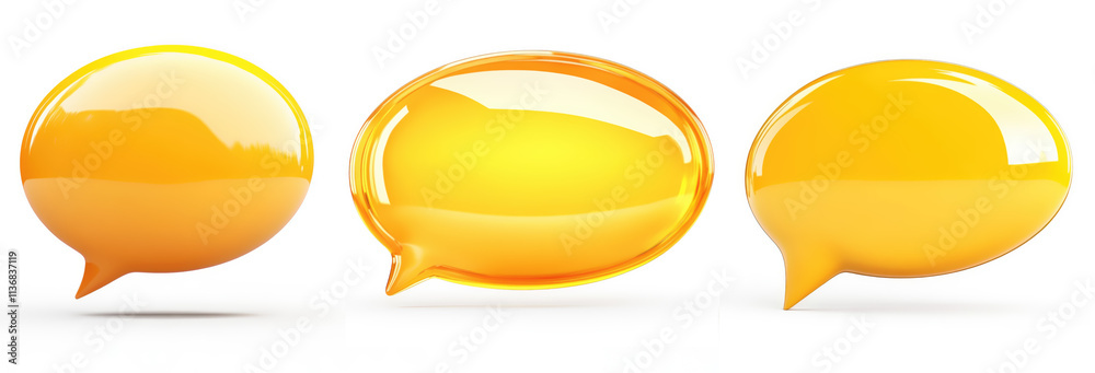 Three glossy yellow 3D speech bubbles with transparent glass effect isolated on white background. Generative AI. Three glossy yellow 3D speech bubbles with transparent glass effect isolated on white background. Generative AI.