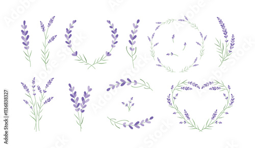 Provence lavender flowers. Delicate floral wreath frames, hand drawn lavender branches and flowers. Botanical decor for wedding invitations and greeting cards designs. Vector set.