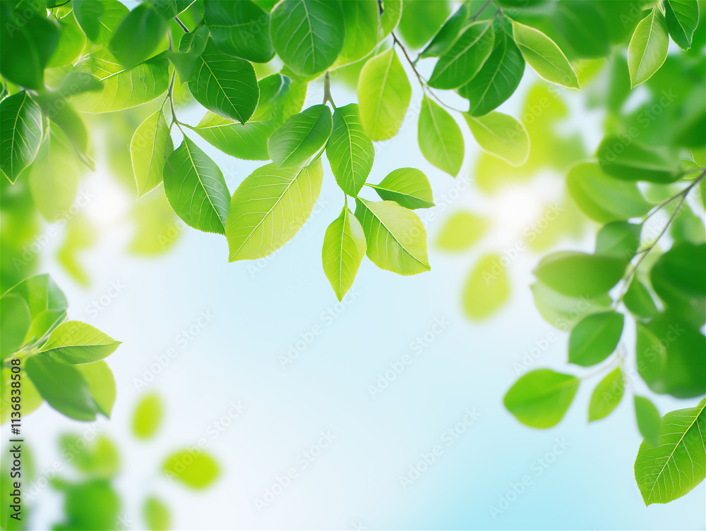 Obraz premium Green leaves on a soft glowing background, perfect for natural themes, eco-friendly concepts, and fresh, vibrant designs. Ideal for copy space.