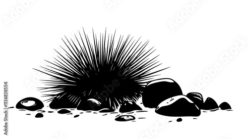 A sea urchin moves slowly across a rocky surface, spines adjusting to obstacles, Animal Vector Graphic
