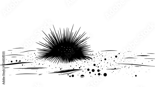 A sea urchin sits on a sandy seafloor, surrounded by small particles of marine material, Animal Vector Graphic