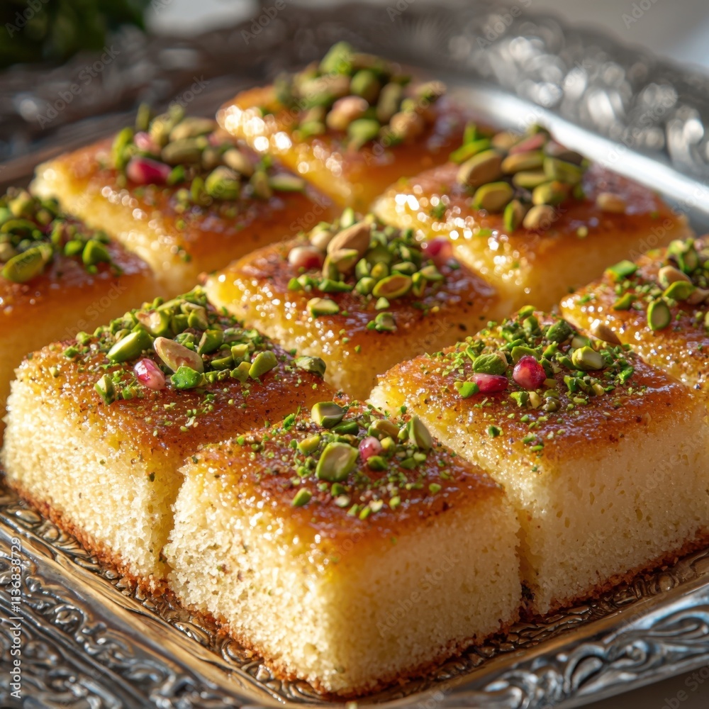 An enticing dessert showcasing pistachios and pomegranates atop a delicate cake that radiates sweetness and beauty. An enticing dessert showcasing pistachios and pomegranates atop a delicate cake that radiates sweetness and beauty.