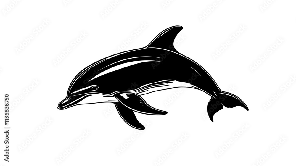 Fototapeta premium Single dolphin near the water’s surface, dorsal fin cutting through, Animal Vector Graphic