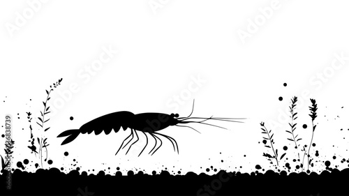 Shrimp moving through seaweed in shallow water, Animal Vector Graphic