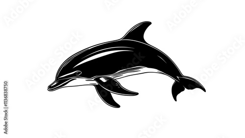 Single dolphin near the water’s surface, dorsal fin cutting through, Animal Vector Graphic