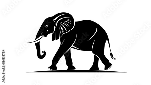 Single elephant walking slowly across flat terrain, trunk swinging slightly, Animal Vector Graphic