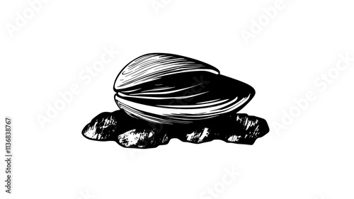 A single clam anchors itself to a rock, its shell tightly closed, Animal Vector Graphic