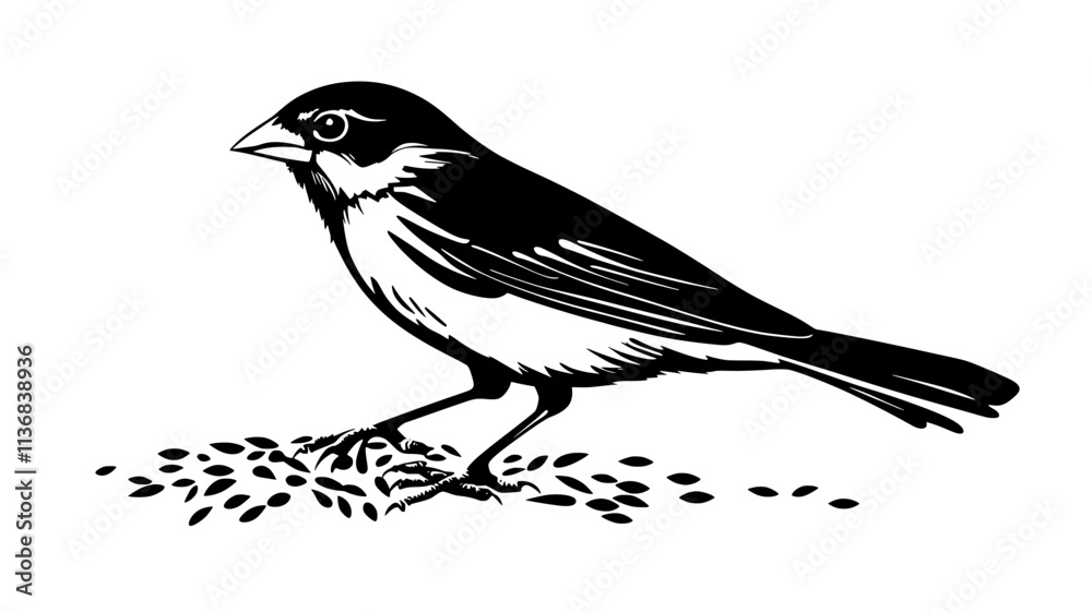 Obraz premium Sparrow hopping along the ground, pecking at seeds scattered on the earth, Animal Vector Graphic