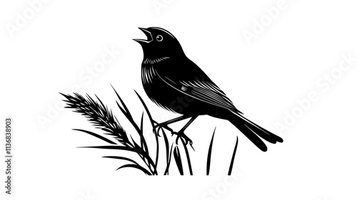 Song sparrow perched on a reed, singing with its beak open, Animal Vector Graphic