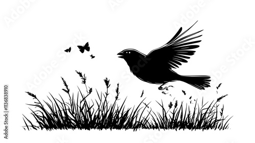 Sparrow flying low over a grassy field, wings moving in short bursts, Animal Vector Graphic