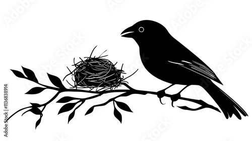 Sparrow gathering nesting material in beak from the ground, Animal Vector Graphic