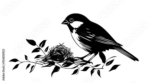 Sparrow gathering nesting material in beak from the ground, Animal Vector Graphic