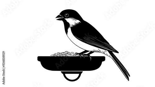 Sparrow perched on bird feeder eating seeds, Animal Vector Graphic