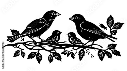 Sparrow feeding insects to chicks in nest, Animal Vector Graphic