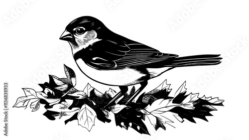 Sparrow foraging for insects in leaf litter on the ground, Animal Vector Graphic