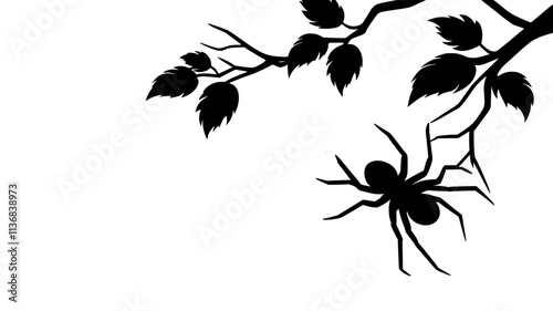 A spider descends from a tree branch, supported by a single silk thread, Animal Vector Graphic