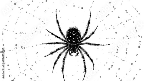 Spider in the center of an orb web with dew drops, Animal Vector Graphic