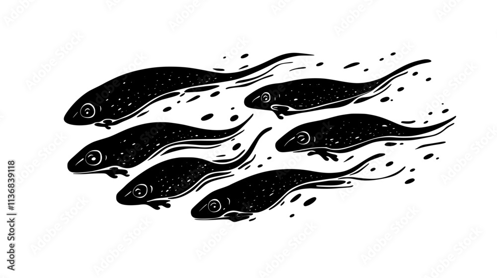 Tadpoles swimming in shallow water near a pond edge, Animal Vector Graphic Tadpoles swimming in shallow water near a pond edge, Animal Vector Graphic