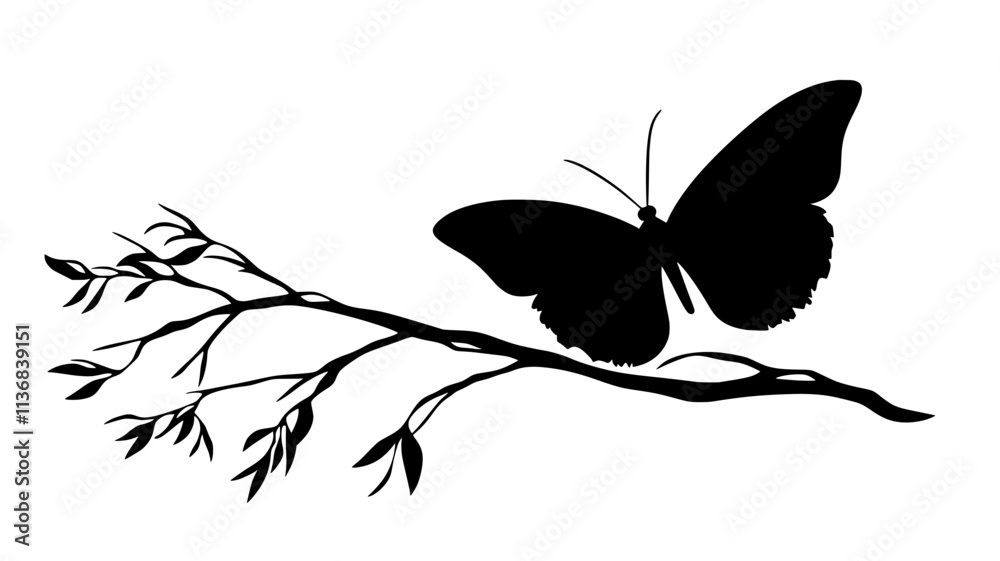 Obraz premium The butterfly rests on a branch, its antennae pointed forward and wings motionless, Animal Vector Graphic