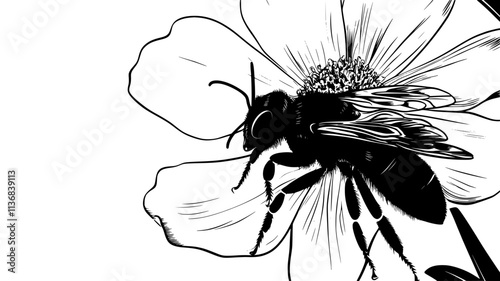The bee crawls across the petals of a flower, brushing against pollen grains, Animal Vector Graphic