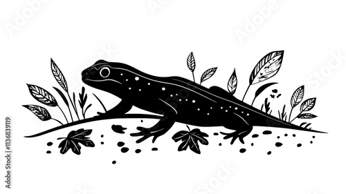 Terrestrial newt crawling through leaf litter on forest floor, Animal Vector Graphic