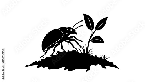 The beetle pauses at the base of a plant before continuing its climb, Animal Vector Graphic