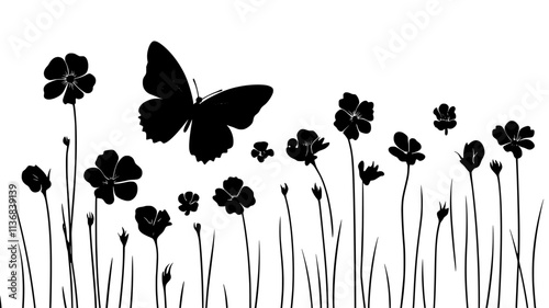 The butterfly approaches a group of flowers, focusing its attention on one specific bloom, Animal Vector Graphic