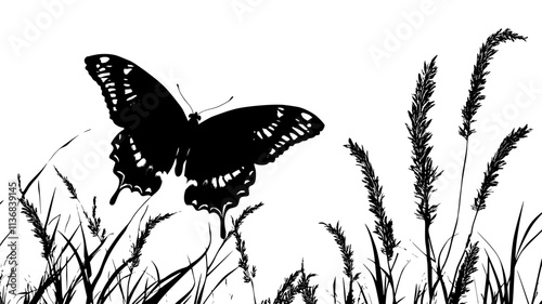 The butterfly lands on a plant, folding its wings together as it prepares to rest, Animal Vector Graphic