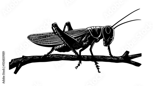 The grasshopper perches on a twig, its antennae twitching as it senses its environment, Animal Vector Graphic