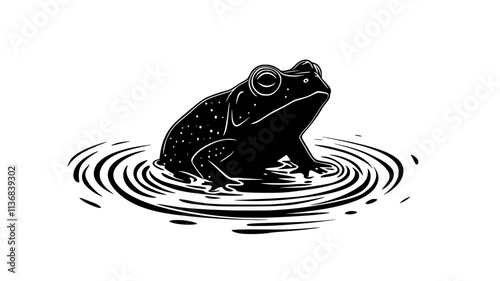 Toad sitting in a small puddle, with its head and back just above the water, Animal Vector Graphic