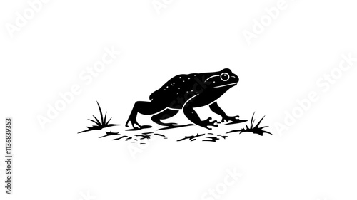 Toad walking slowly across a forest floor covered in fallen leaves and small twigs, Animal Vector Graphic
