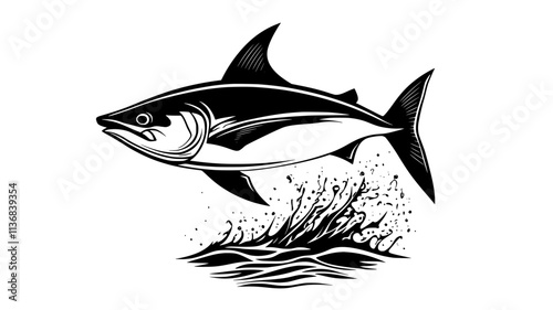 Tuna jumping out of the water while chasing prey, Animal Vector Graphic