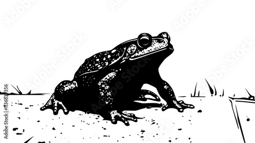 Toad sitting on concrete path in suburban backyard, Animal Vector Graphic