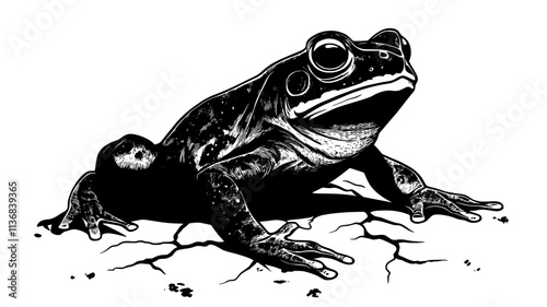 Toad sitting still on dry, cracked ground, its body resting flat on the surface, Animal Vector Graphic