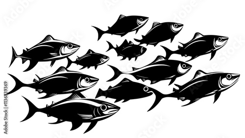 Tuna moving in a school with other fish, all swimming in the same direction, Animal Vector Graphic