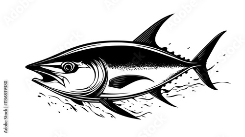 Tuna swimming rapidly through open water, its streamlined body cutting through the current, Animal Vector Graphic