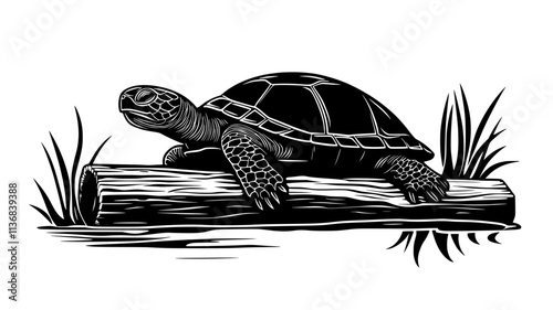 Turtle basking on a log in a freshwater pond, Animal Vector Graphic