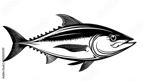 Tuna swimming directly below the surface, with its dorsal fin cutting through the water, Animal Vector Graphic