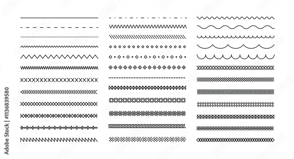 Simple geometric line borders. Minimal decorative dividers and border patterns with dashed, zigzag, wavy and diamond shapes for page decoration. Linear decor vector set.