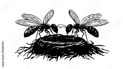 Winged ants emerging from the nest for their mating flight, Animal Vector Graphic