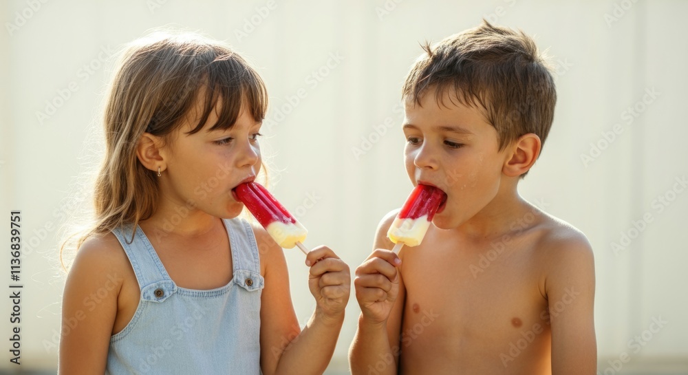 Young caucasian children enjoying popsicles on a sunny day Young caucasian children enjoying popsicles on a sunny day