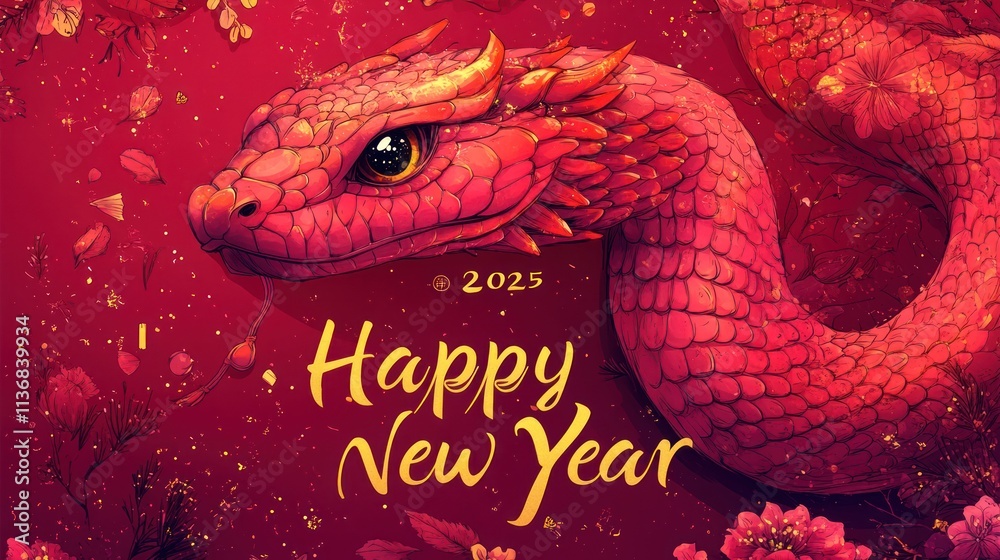 Obraz premium Red dragon snake, Happy New Year 2025 greeting card.