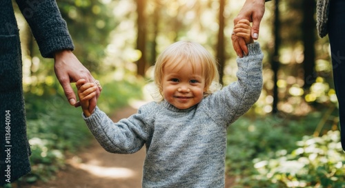 Happy caucasian child walking in forest holding hands with adults on sunny day photo