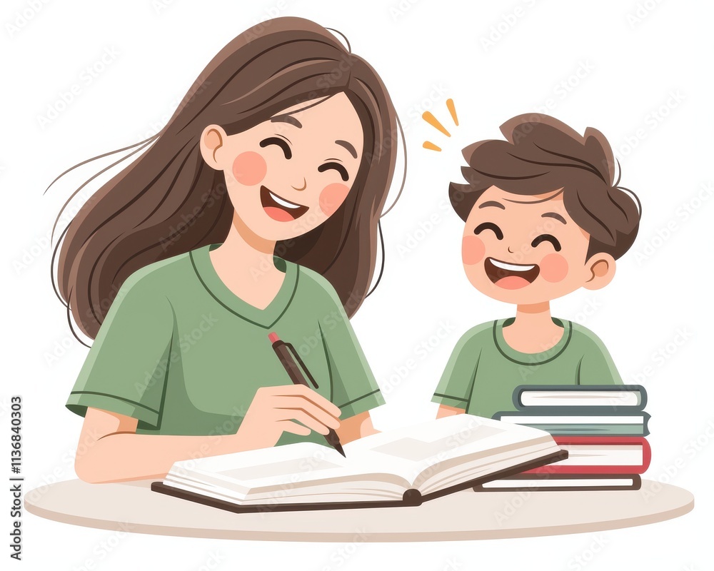 A joyful Asian mother and her son studying together, sharing smiles and laughter, surrounded by books. A joyful Asian mother and her son studying together, sharing smiles and laughter, surrounded by books.