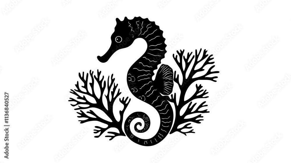 Fototapeta premium Seahorse grasping coral with its prehensile tail, Animal Digital Art