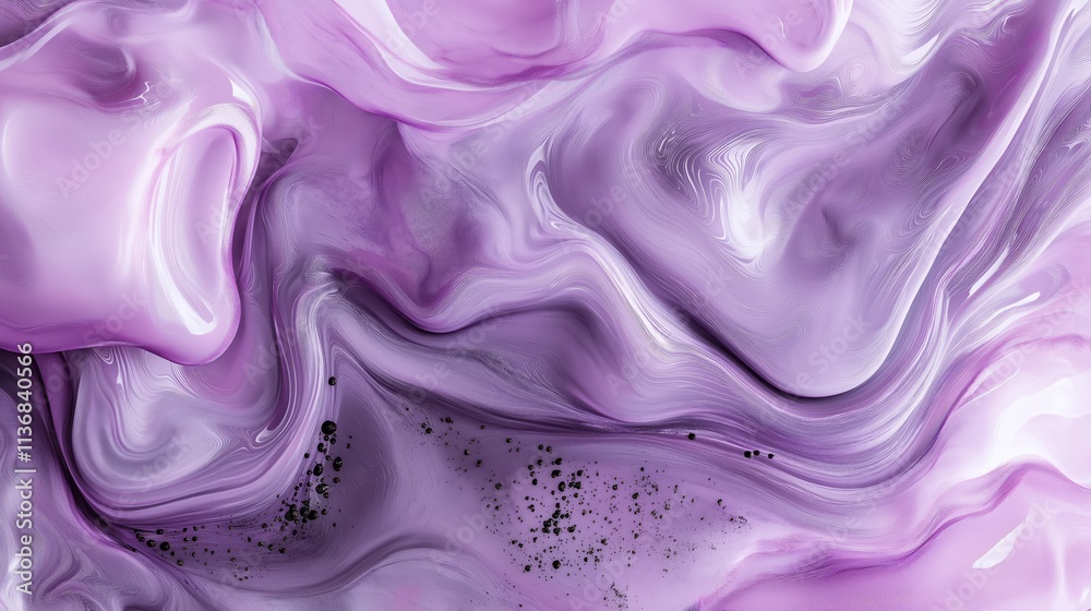 Obraz premium Reflective lavender fluid art with smooth flowing curves and dark speckled details, creating a unique and dynamic abstract texture.