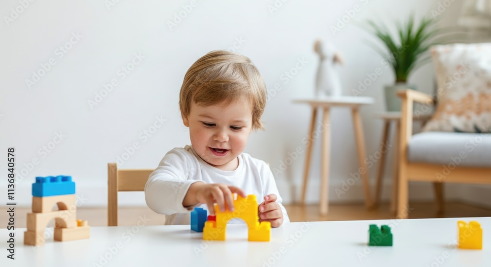 Caucasian male toddler playing with colorful blocks in bright room Caucasian male toddler playing with colorful blocks in bright room