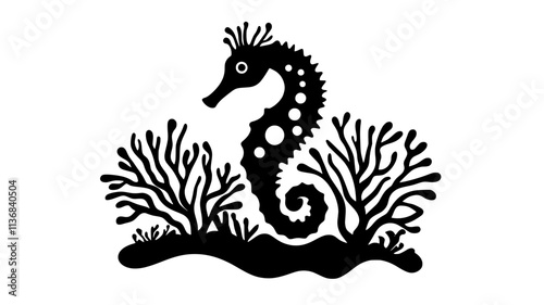 Seahorse anchored to coral with its prehensile tail, Animal Digital Art